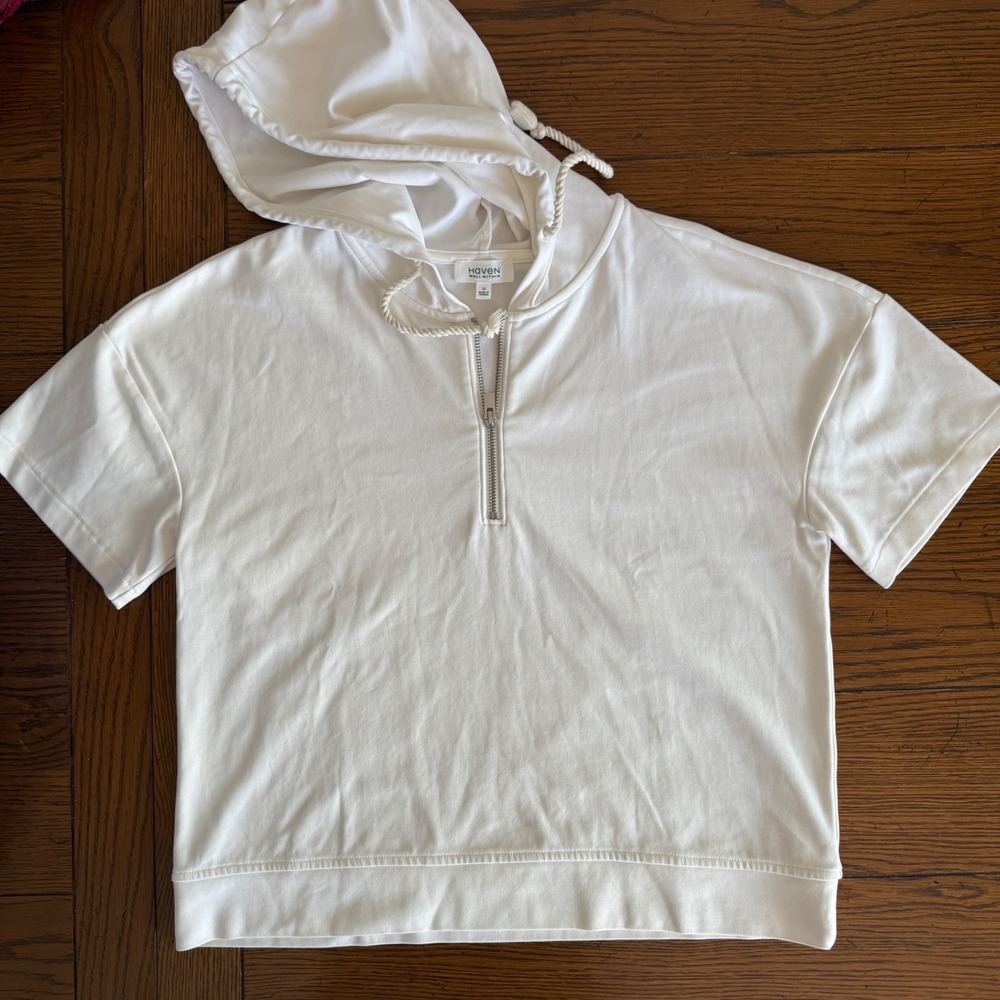 Haven Within Hoodie Women Medium Cream Short Sleeve Half Zip Minimalist Casual